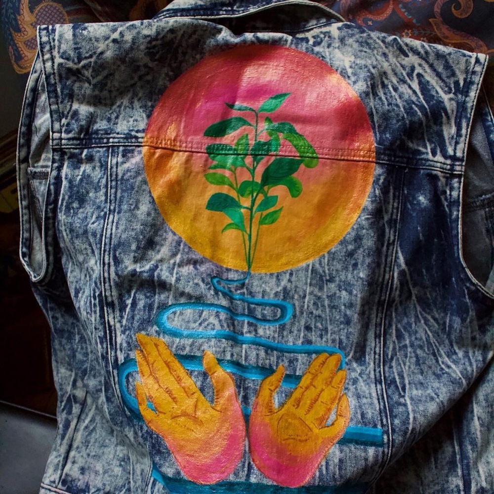 Custom Hand Painted Bleach Washed Denim Vest M-L